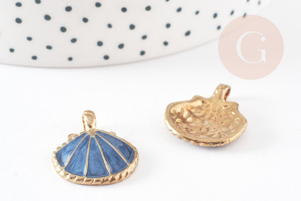 Pendentif coquillage zamac doré émail bleu marine 24.5mm, pendentif coquillage pour création bijoux x2 G1884