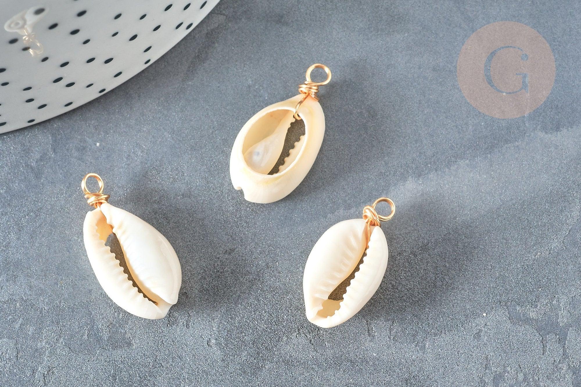 Pendentif coquillages cauri blanc fil doré 18K 27-30mm, x1 (G7353)