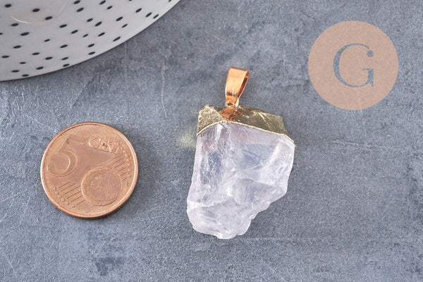 Pendentif cristal quartz blanc fer doré, pierre brute naturelle création bijoux, x1 (G0838)