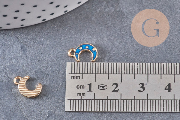 Pendentif croissant lune étoiles émail bleu zamac doré 11.5mm, x1 (G5920)