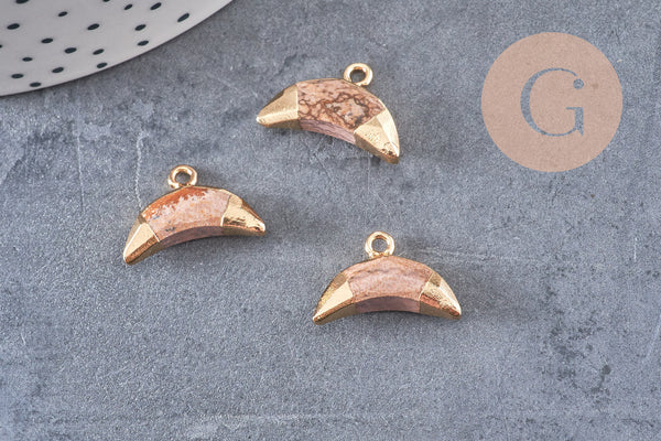Pendentif croissant lune jaspe paysage doré, pendentif bijoux,lune jaspe, jaspe naturel,18mm x1 (G1209)