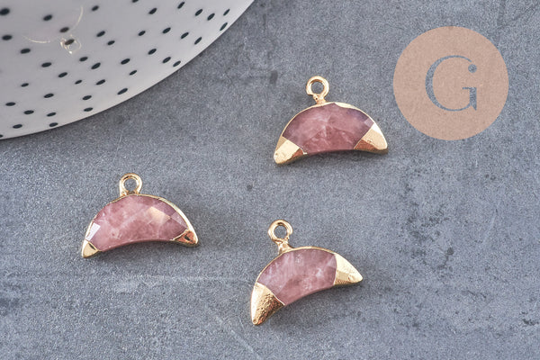 Pendentif croissant lune quartz fraise doré,lune quartz,pendentif pierre,quartz fraise naturel,18mm x1 (G0829)