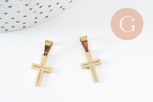 Pendentif croix acier 304 doré inoxydable IP 18mm, x1 G9861