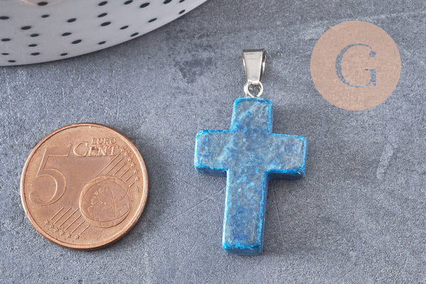 Pendentif croix agate naturelle bleu acier inoxydable 29mm,pendentif pierre, support argent, création bijoux,agate naturelle, x1 (G0500)