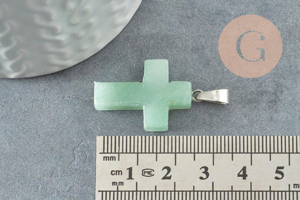 Pendentif croix aventurine naturelle verte acier inoxydable 29mm,pendentif pierre, support argent, pierre naturelle, x1 (G2544)