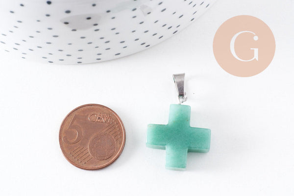Pendentif croix aventurine verte naturelle acier inoxydable platine 24mm, x1 (G10070)