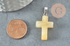 Pendentif croix jade naturel jaune topaze acier inoxydable 29mm,pendentif pierre, support argent, création bijouxjade naturel, x1 G5699