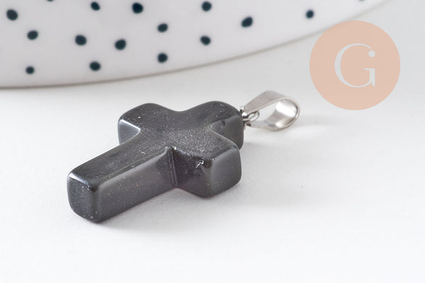 Pendentif croix jade naturel noir acier inoxydable 29mm,pendentif pierre, support argent, création bijoux,jade naturel,l x1 (G5704)