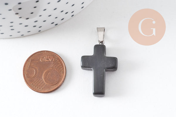 Pendentif croix jade naturel noir acier inoxydable 29mm,pendentif pierre, support argent, création bijoux,jade naturel,l x1 (G5704)