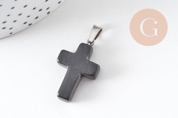 Pendentif croix jade naturel noir acier inoxydable 29mm,pendentif pierre, support argent, création bijoux,jade naturel,l x1 (G5704)