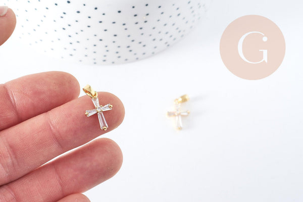 Pendentif croix laiton doré 18k zircons blancs transparents 17mm, création bijoux porte bonheur en zircon, x1 (G8968)