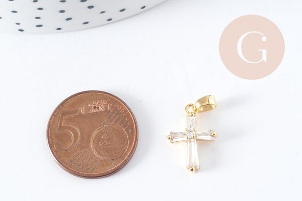 Pendentif croix laiton doré 18k zircons blancs transparents 17mm, création bijoux porte bonheur en zircon, x1 (G8968)