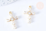 Pendentif croix laiton doré 18k zircons blancs transparents 24mm, création bijoux porte bonheur en zircon, x1 (G6988)
