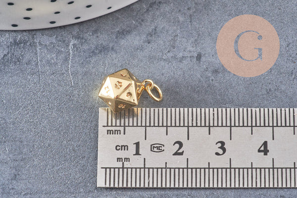 Pendentif dé 20 faces doré 18K,pendentif doré jeu,porte-bonheur, Pendentif jeu, 13.5mm, x1 (G3793)