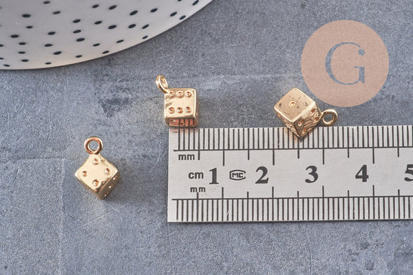 Pendentif dé 6 faces doré 18K et zircons ,pendentif doré jeu,porte-bonheur,laiton doré, Pendentif jeu, 13.5mm, x1 (G4267)