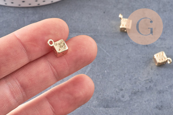 Pendentif dé 6 faces doré 18K et zircons ,pendentif doré jeu,porte-bonheur,laiton doré, Pendentif jeu, 13.5mm, x1 (G4267)