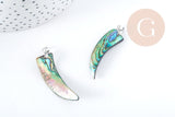 Pendentif dent nacre noire naturelle abalone laiton argenté 39-55mm, pendentif coquillage noir Ormeau, x1 (G8905)