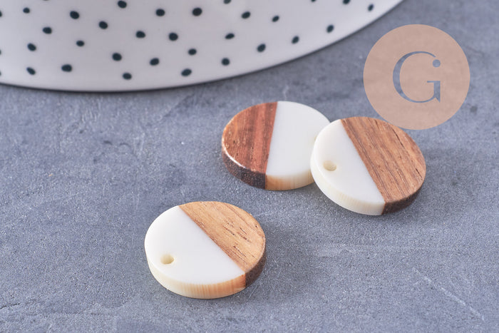Pendentif disque bois résine blanche 18mm, x5 (G0330)