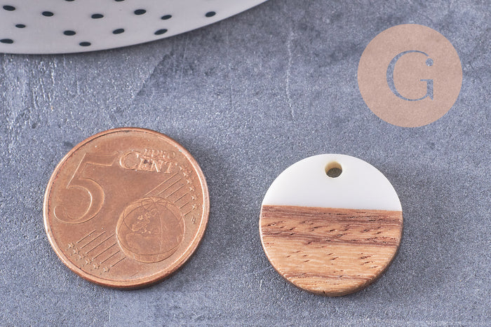 Pendentif disque bois résine blanche 18mm, x5 (G0330)