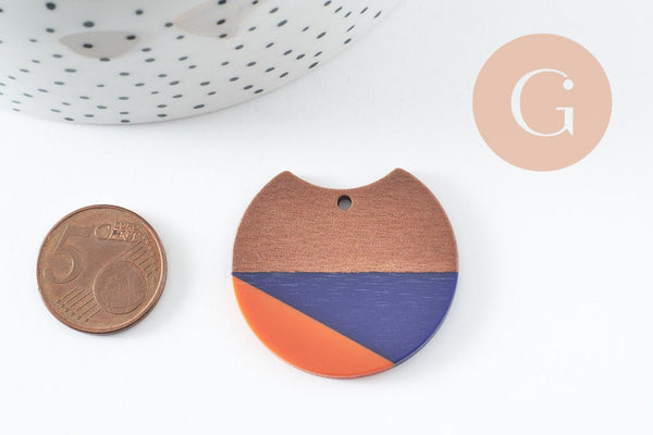 Pendentif disque en bois de noyer résine bleus et orange 37mm, x2 (G9849)