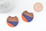Pendentif disque en bois de noyer résine bleus et orange 37mm, x2 (G9849)