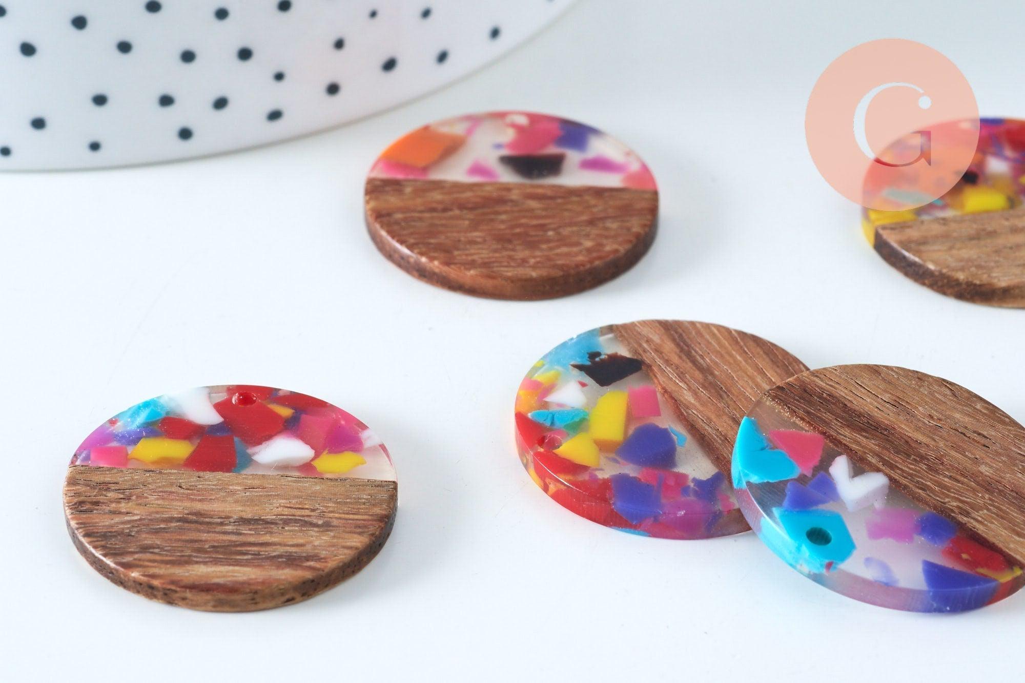 Pendentif disque rond bois résine multicolore 28mm,pendentif géométrique pour création bijoux bois, x1 G6226