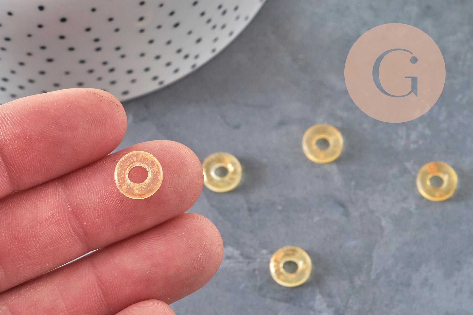 Colgante de donut de vidrio amarillo y pan de oro, un colgante de vidrio redondo para sus creaciones de joyería, 15x3 mm, x 10 (3,5 g) G3505