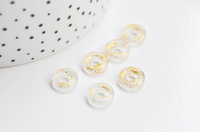 Pendentif donut verre transparent et feuille d'or, un pendentif rond verre pour vos créations de bijoux,15x3mm, x 10 (G3299)