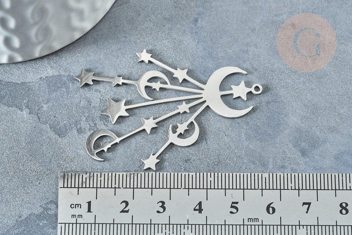 Pendentif doré lunes et étoiles argenté acier inoxydable 53mm, création bijoux acier inoxydable platine x1 G7617