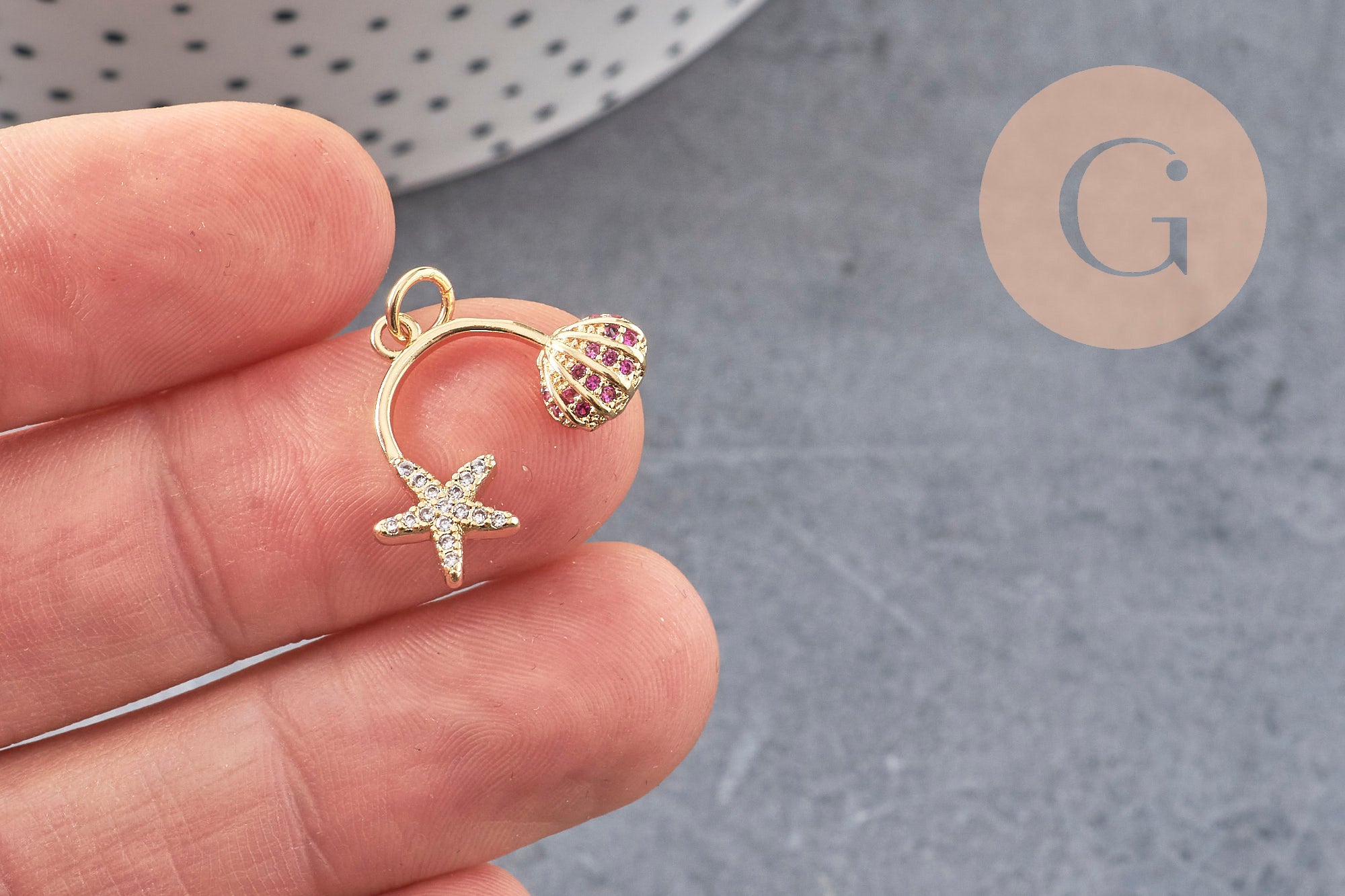 Pendentif double étoile de mer coquillage laiton doré zircon 17mm, pendentif or avec cristaux création de bijoux, x1 (G8695)