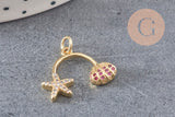 Pendentif double étoile de mer coquillage laiton doré zircon 17mm, pendentif or avec cristaux création de bijoux, x1 (G8695)