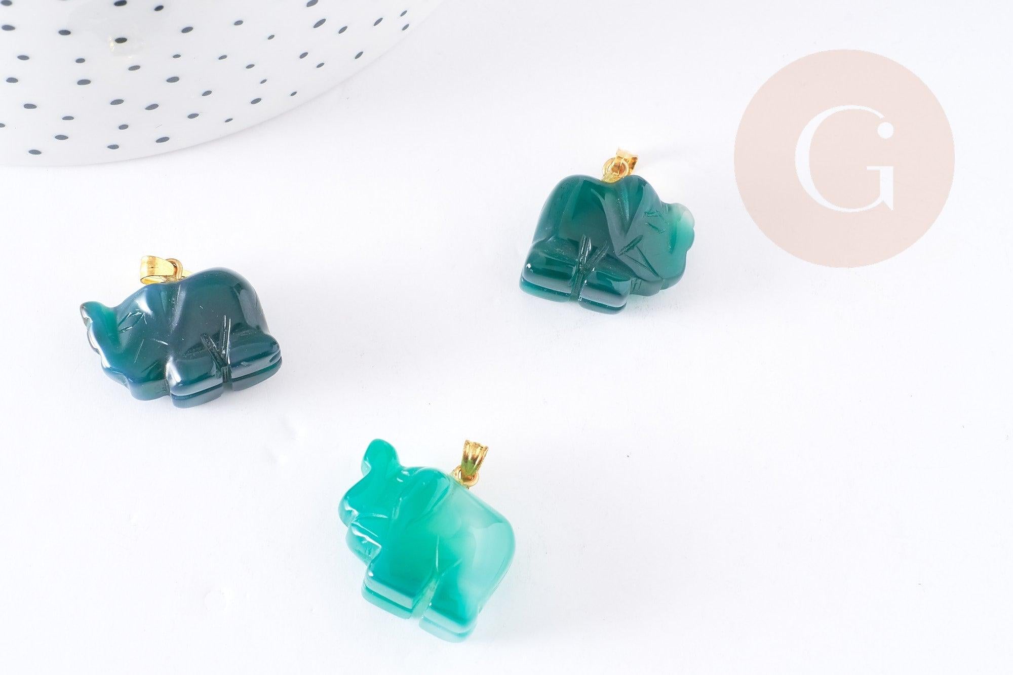 Pendentif éléphant agate verte support doré, pendentif pierre agate naturelle verte, 18.5mm, x1 (G3902)