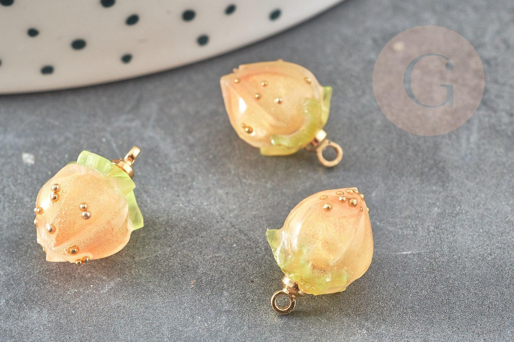 Pendentif en résine fleur séchée rose orange 33mm, x1 (G6897)