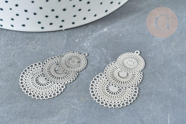 Pendentif estampe filigrane dentelle acier 201 inoxydable platine 40mm, x2 (G8014)
