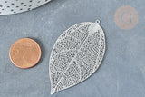Pendentif estampe filigrane feuille acier 201 inoxydable platine 60mm, x2 (G8016)