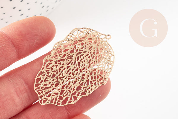 Pendentif estampe filigrane feuille dentelle géométrique laiton doré 51.5mm, Pendentif très fin et léger pour création de bijoux, x1 (G9265)