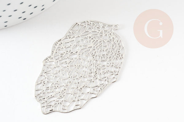 Pendentif estampe filigrane feuille dentelle géométrique laiton platine 51.5mm, Pendentif très fin et léger pour création de bijoux, x1 (G9270)