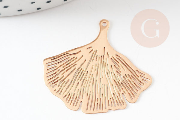 Pendentif estampe filigrane feuille gingko laiton doré 30x33mm, Pendentif très fin et léger, x2 (G4440)