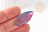 Pendentif estampe filigrane feuille ovale acier arc-en-ciel, Pendentif très fin et léger, 40x16mm, x2 (G4443)