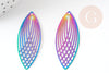 Pendentif estampe filigrane feuille ovale acier arc-en-ciel, Pendentif très fin et léger, 40x16mm, x2 (G4443)
