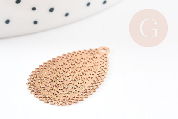 Pendentif estampe filigrane goutte géométrique laiton doré 26mm, Pendentif très fin et léger pour création de bijoux DIY x2 (G9203)