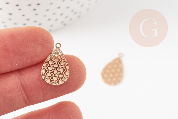 Pendentif estampe filigrane goutte motif géométrique laiton doré 19.5mm, Pendentif très fin et léger pour création de bijoux, x2 (G9279)