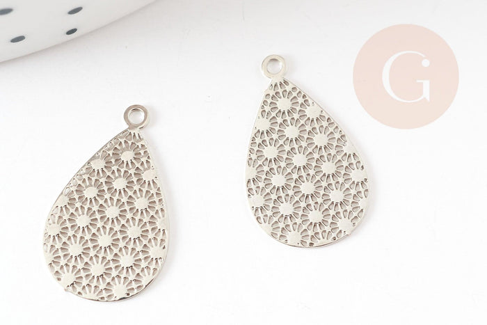 Pendentif estampe filigrane goutte motif géométrique laiton platine 19.5mm, très fin et léger bijoux argentés, x2 G9289