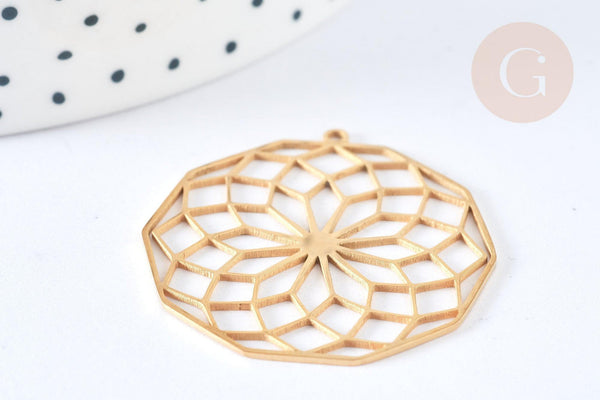 Pendentif estampe filigrane polygone fleur acier inoxydable 201 doré 35.5mm, x1 (G7253)
