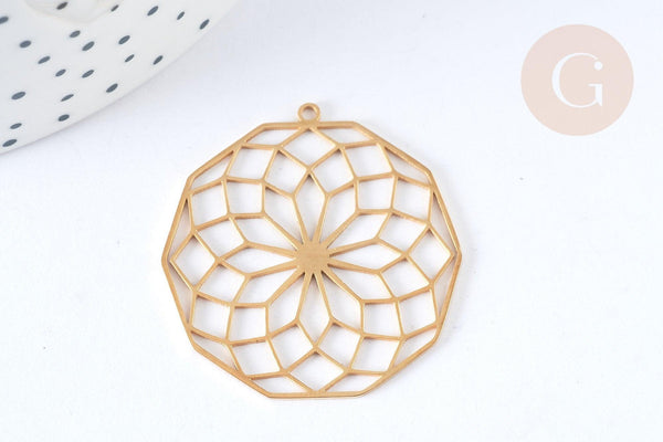 Pendentif estampe filigrane polygone fleur acier inoxydable 201 doré 35.5mm, x1 (G7253)