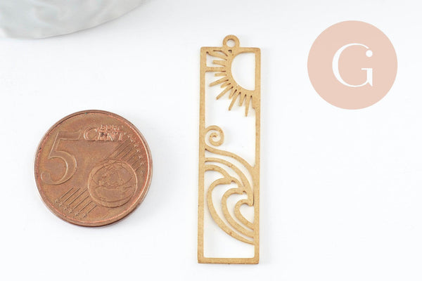 Pendentif estampe filigrane rectangle soleil vague laiton brut 41.5mm, Pendentif très fin et léger pour création de bijoux DIY x1 G9694