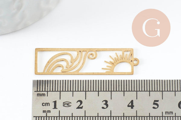 Pendentif estampe filigrane rectangle soleil vague laiton brut 41.5mm, Pendentif très fin et léger pour création de bijoux DIY x1 G9694
