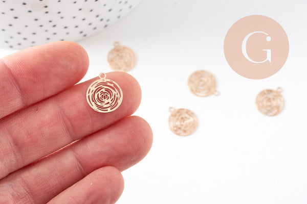 Pendentif estampe filigrane rond Fleur rose laiton doré clair 14.5mm, Pendentif léger pour création bijoux or, x2 (G9291)