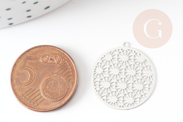 Pendentif estampe filigrane rond acier argent, Pendentif très fin et léger, 21.5x20mm ,x2 (G4111)