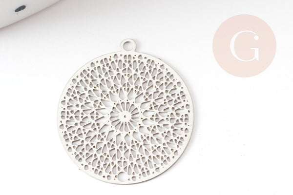 Pendentif estampe filigrane rond acier argent, Pendentif très fin et léger, 22x20mm,x2 (G4910)